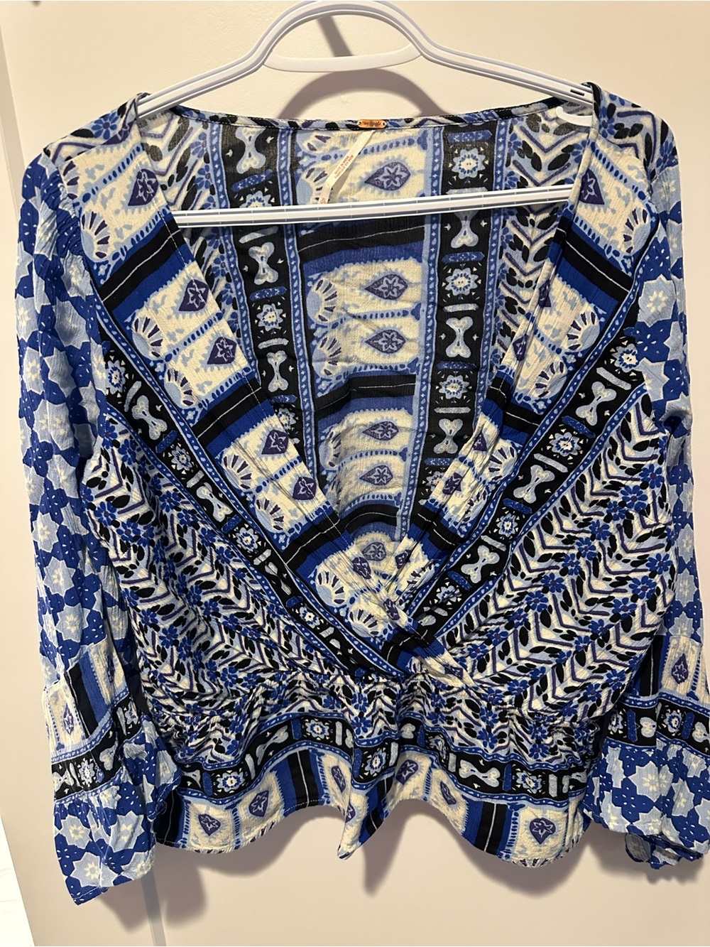 Free People Blue & White Printed V-Neck Faux Wrap Blouse